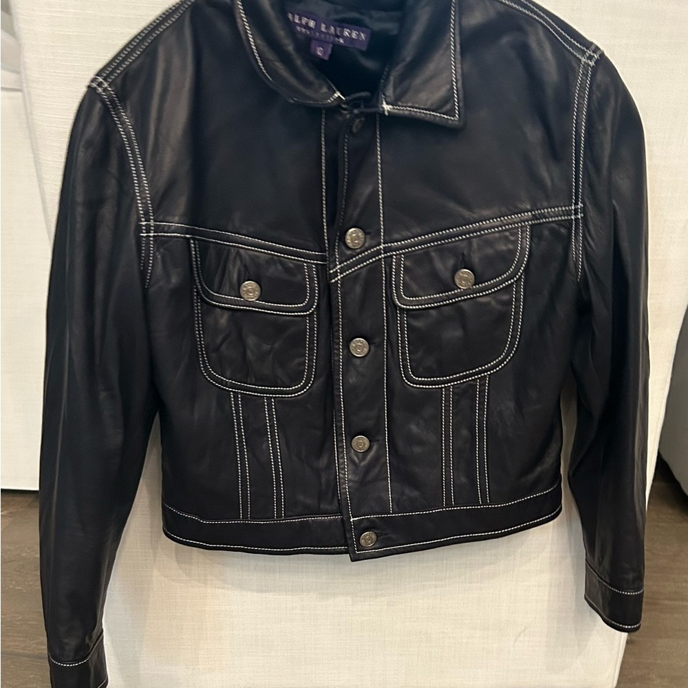 Ralph Lauren Purple Label Navy Cropped Lambskin Leather Jacket